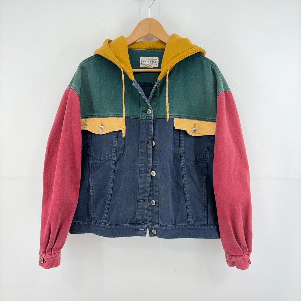 Arizona Jean Company Vintage 90s Colorblock Hooded Denim Jacket XL Grunge Street